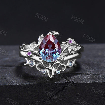 Nature Engagement Ring Set 10K/14K/18K Rose Gold 1.25ct Pear Shaped Leaves Alexandrite Amethyst Ring Celtic Knot Alexandrite Wedding Band