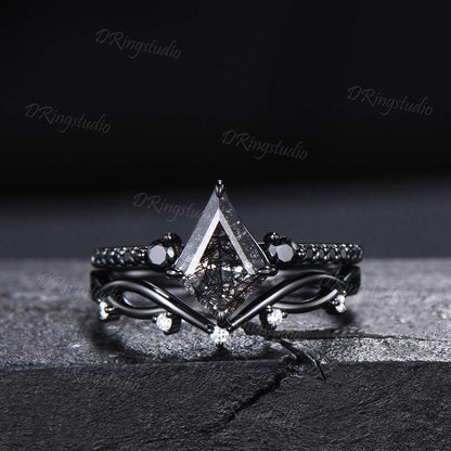 Retro Kite Black Rutilate Quartz Engagement Ring,Vintage Black Silver Ring Set,Unique Black Spinel Diamond Promise Ring Anniversary Gift