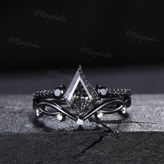 Retro Kite Black Rutilate Quartz Engagement Ring,Vintage Black Silver Ring Set,Unique Black Spinel Diamond Promise Ring Anniversary Gift