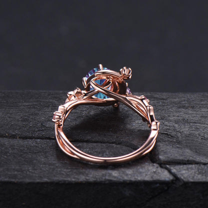 Fireworks Cut Color-Change Alexandrite Round Engagement Ring 14K Rose Gold Crescent Moon Star Ring Cluster Amethyst Moissanite Bridal Ring