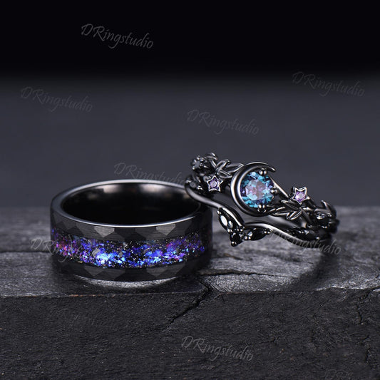 2pcs Round Color-Change Alexandrite Couple Ring Set Goth Galaxy Nebula His and Hers Wedding Ring Set Black Gold Twig Leaf Ring Tungsten Band