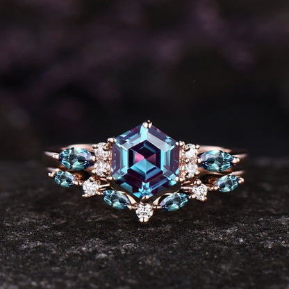 Unique June Birthstone Hexagon Cut Alexandrite Engagement Ring Set Moissanite Seven Stone Ring 14k Rose Gold 2pcs Bridal Ring Set Women
