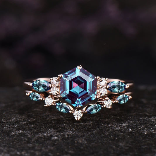 Unique June Birthstone Hexagon Cut Alexandrite Engagement Ring Set Moissanite Seven Stone Ring 14k Rose Gold 2pcs Bridal Ring Set Women