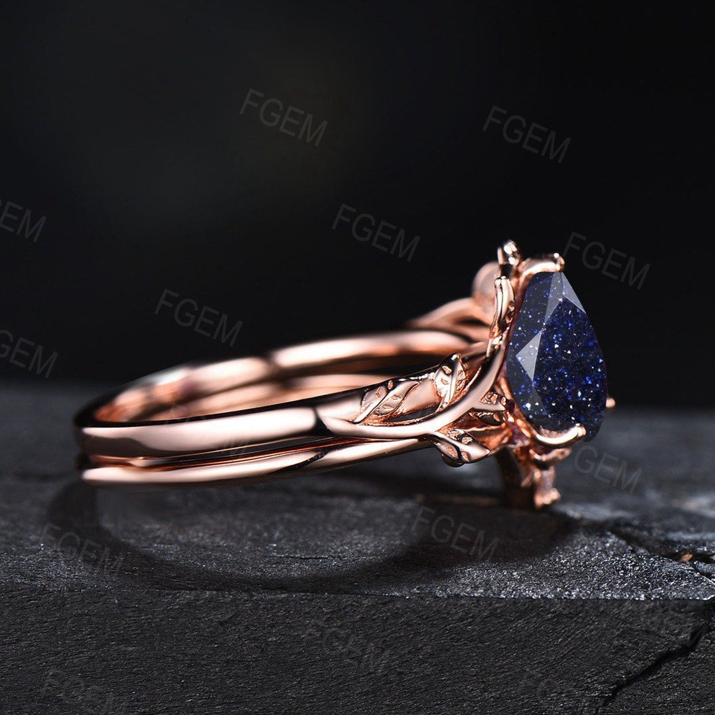 1.25ct Pear Galaxy Blue Sandstone Ring Set Nature Inspired Engagement Ring Leaf Vine Branch Solitaire Ring Women Wedding Anniversary Gifts