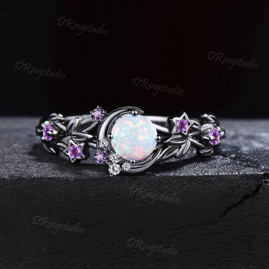 Black Gold Nature Inspired Round Opal Engagement Ring Nebula Moon Star Amethyst Wedding Ring Gothic Black Twig Leaf Bridal Ring Jewelry Gift