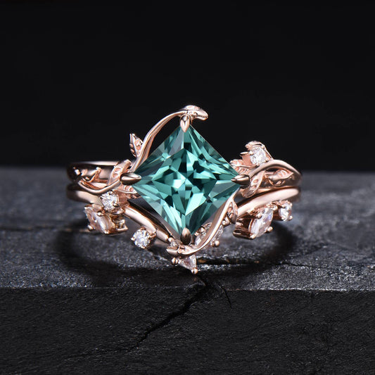 Nature Inspired Green Sapphire Moissanite Diamond Ring Set 7mm Princess Cut Green Blue Montana Teal Sapphire Branch Leaf Engagement Ring for Women