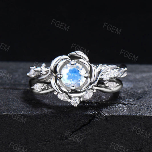 White Gold Engagement Ring 5mm Round Natural Rainbow Moonstone Bridal Set Nature Inspired Twig Moissanite Ring Rose Flower Ring Propose Gift