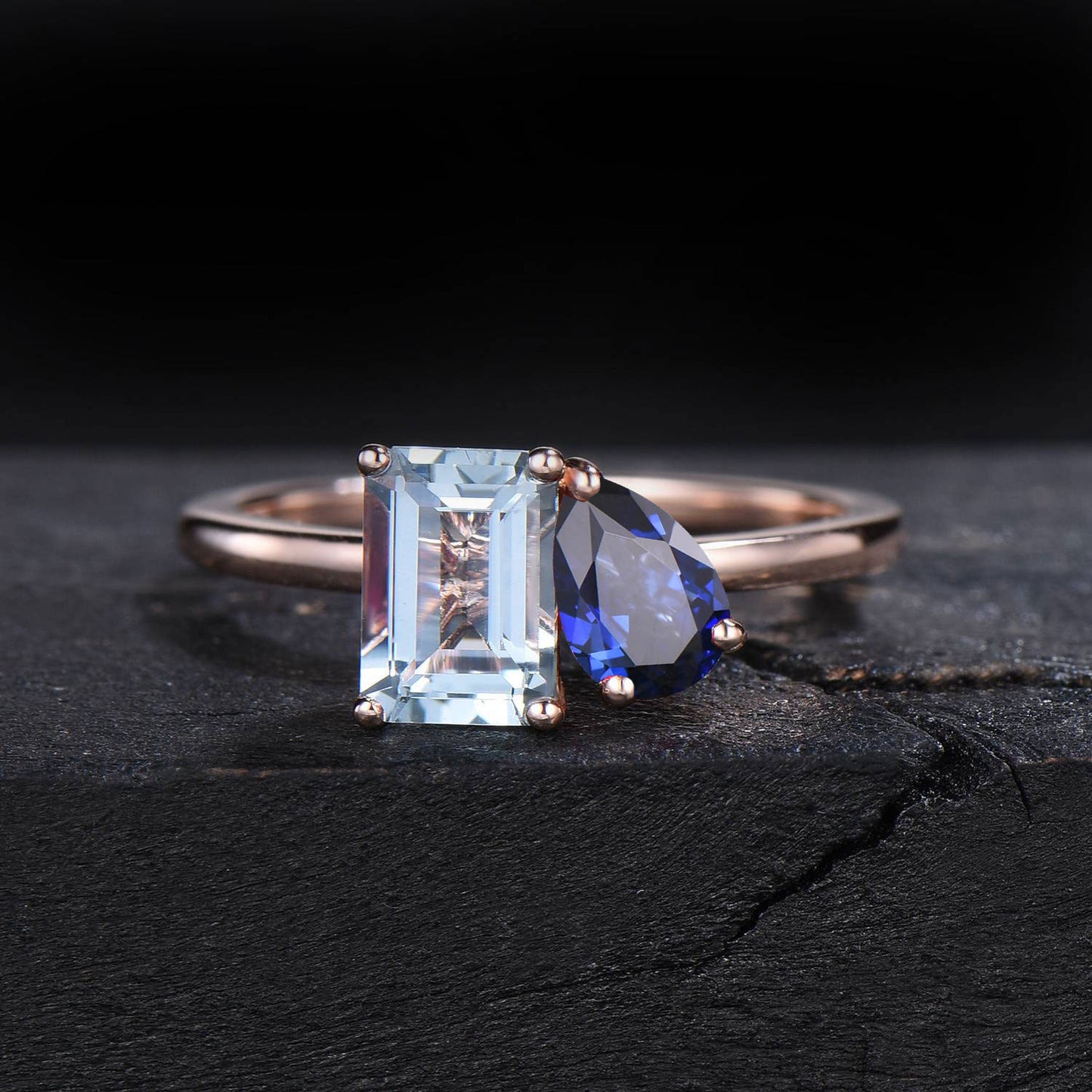 Toi Et Moi Ring,Pear & Emerald Cut Natural Aquamarine Blue Sapphire Ring,Two Stone Engagement Ring,14k Gold Aquamarine Wedding Promise Ring