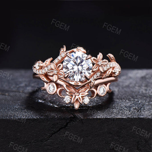 Nature Inspired Round Moissanite Engagement Ring Set Diamond Ring Set Branch Vine Rose Flower Moissanite Proposal Gifts Rose Gold Bridal Set