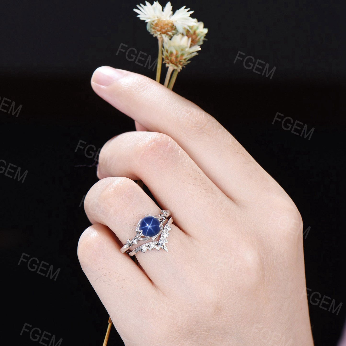 6.5mm Round Blue Star Sapphire Engagement Ring Set Branch Leaf Moissanite Milgrain Wedding Ring Blue Gemstone Solitaire Ring Gift for Women