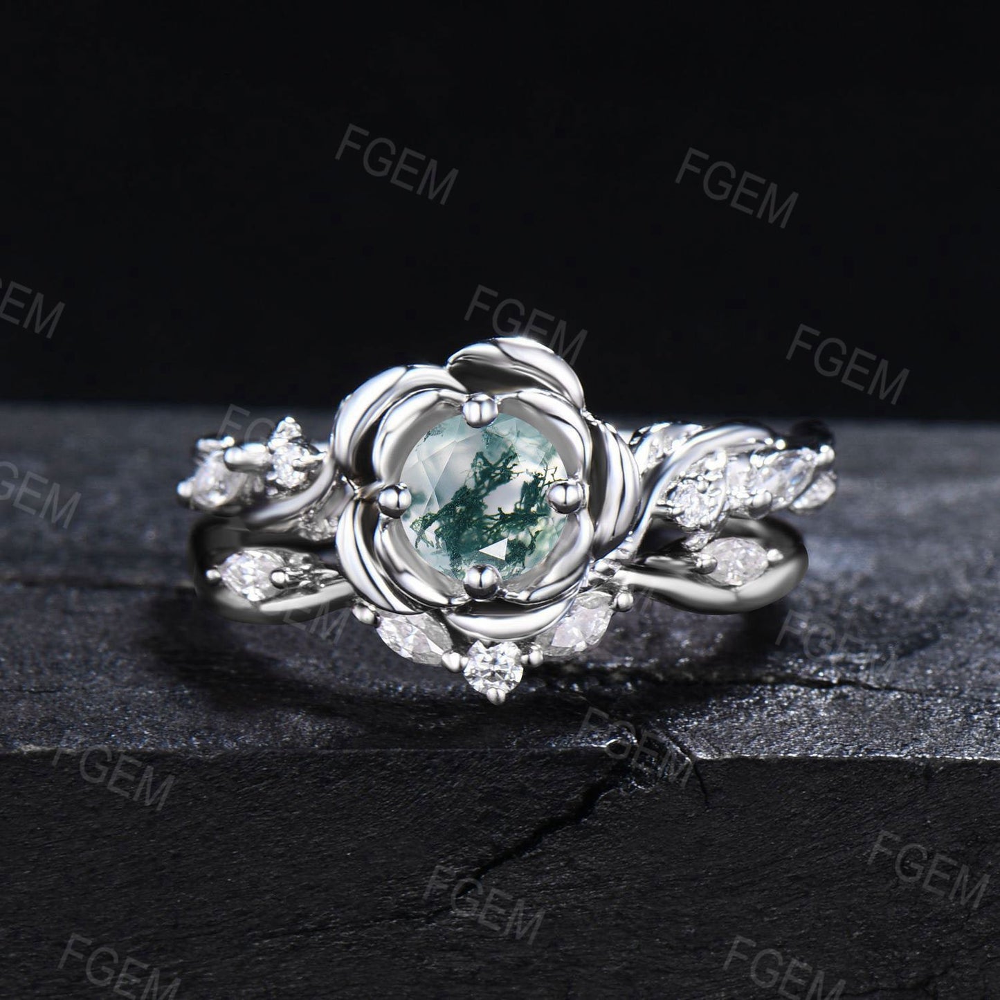 Rose Flower Engagement Ring 5mm Natural Moss Agate Ring Set Twig Vine Moissanite Bridal Set Green Moss Wedding Ring Nature Anniversary Gifts