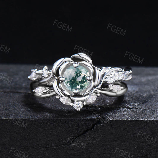 Rose Flower Engagement Ring 5mm Natural Moss Agate Ring Set Twig Vine Moissanite Bridal Set Green Moss Wedding Ring Nature Anniversary Gifts