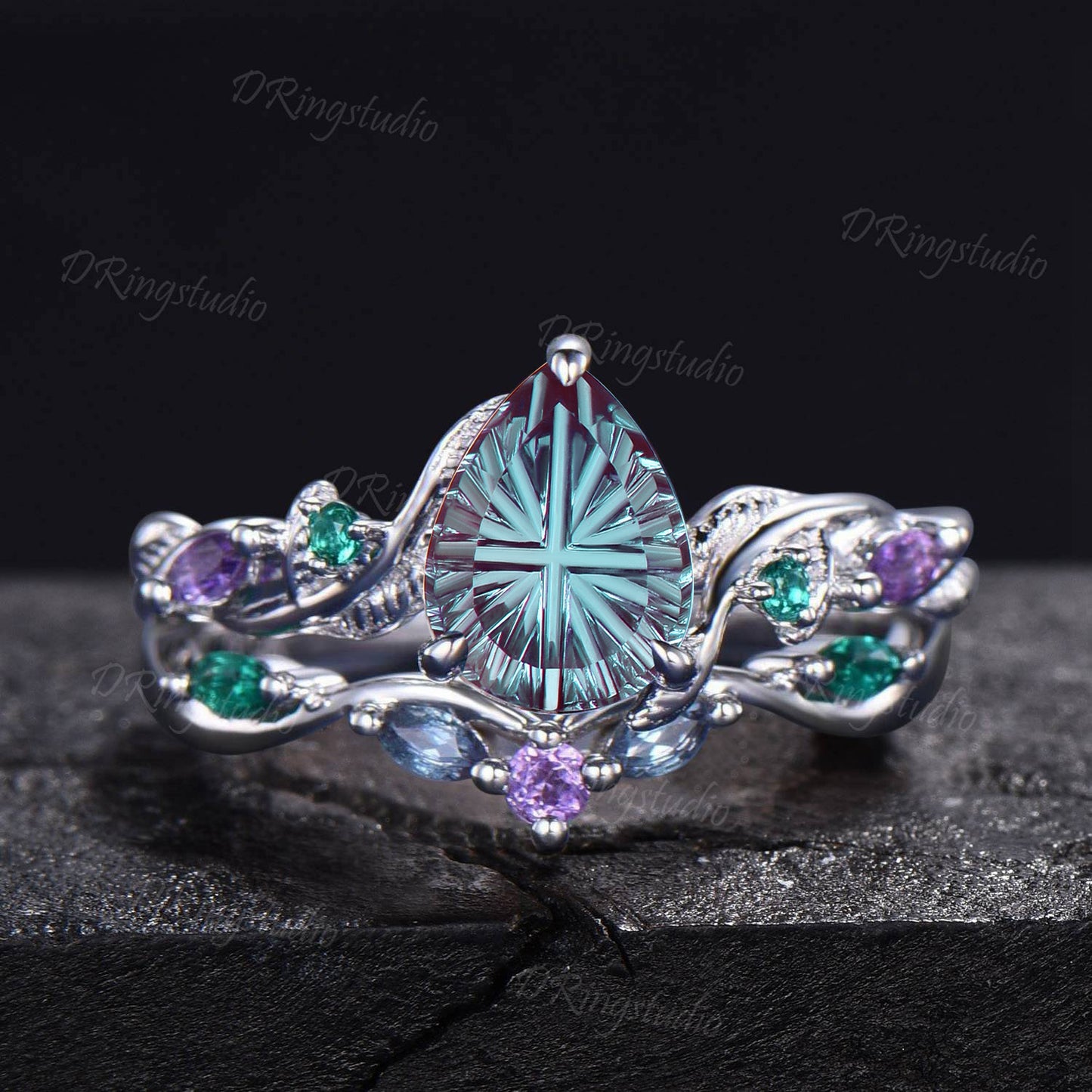 1.25CT Fantasy Cut Color-Change Alexandrite Black Gold Wedding Ring Set Teardrop Engagement Rings Twig Vine Emerald Amethyst Bridal Set