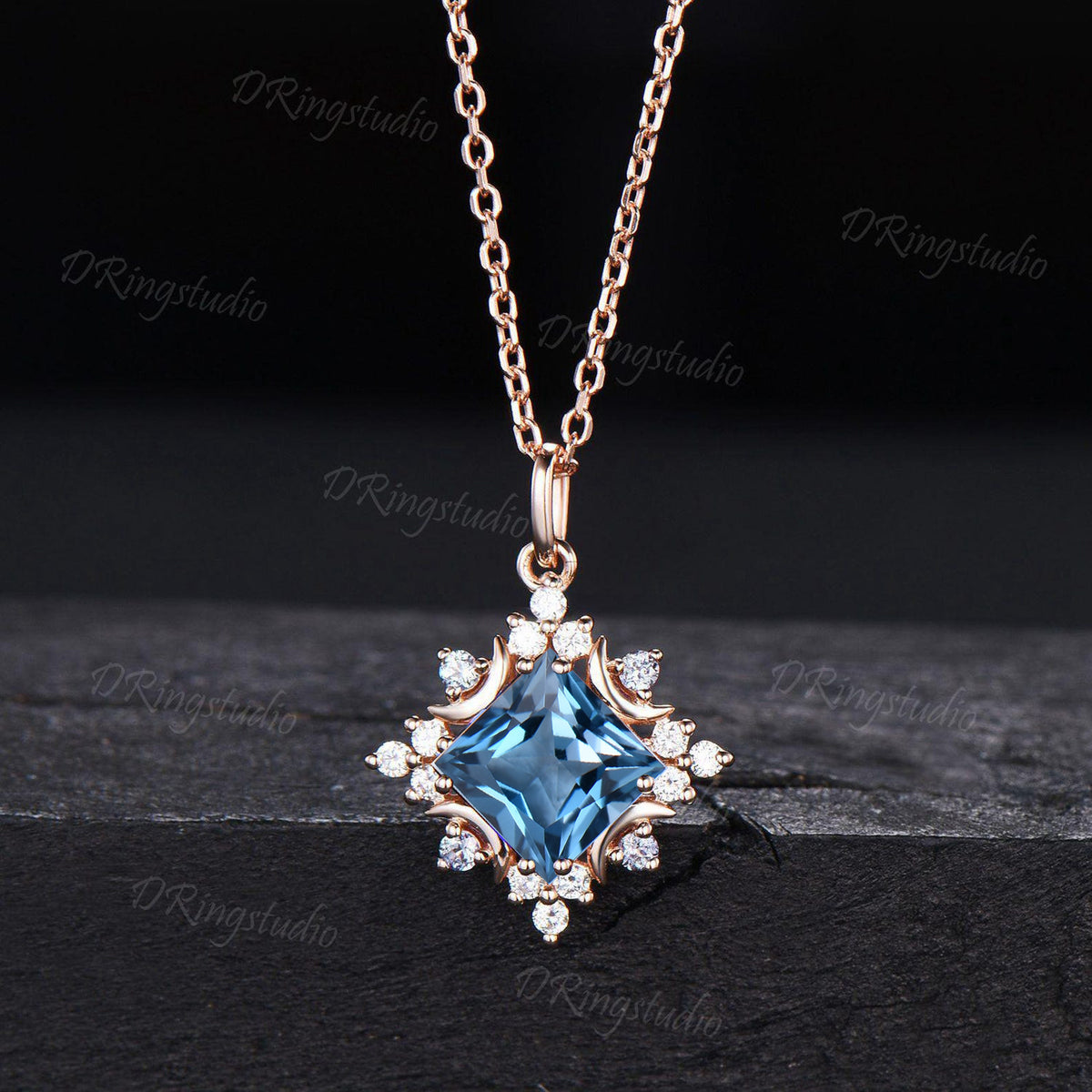 Celestial Moon Pendant Necklace Vintage Princess London Blue Topaz Necklace Square December Birthstone Pendant Rose Gold Minimalist Necklace
