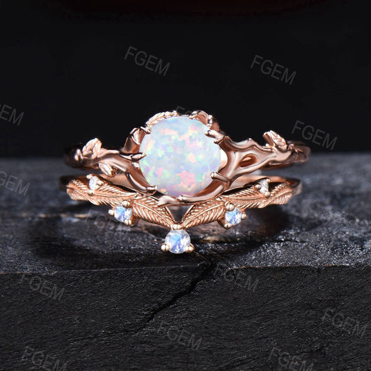 14k Rose Gold Branch Ring 1ct Round White Opal Engagement Ring Leaf Textured Moonstone Wedding Ring October Birthstone Proposal Gift fot Her