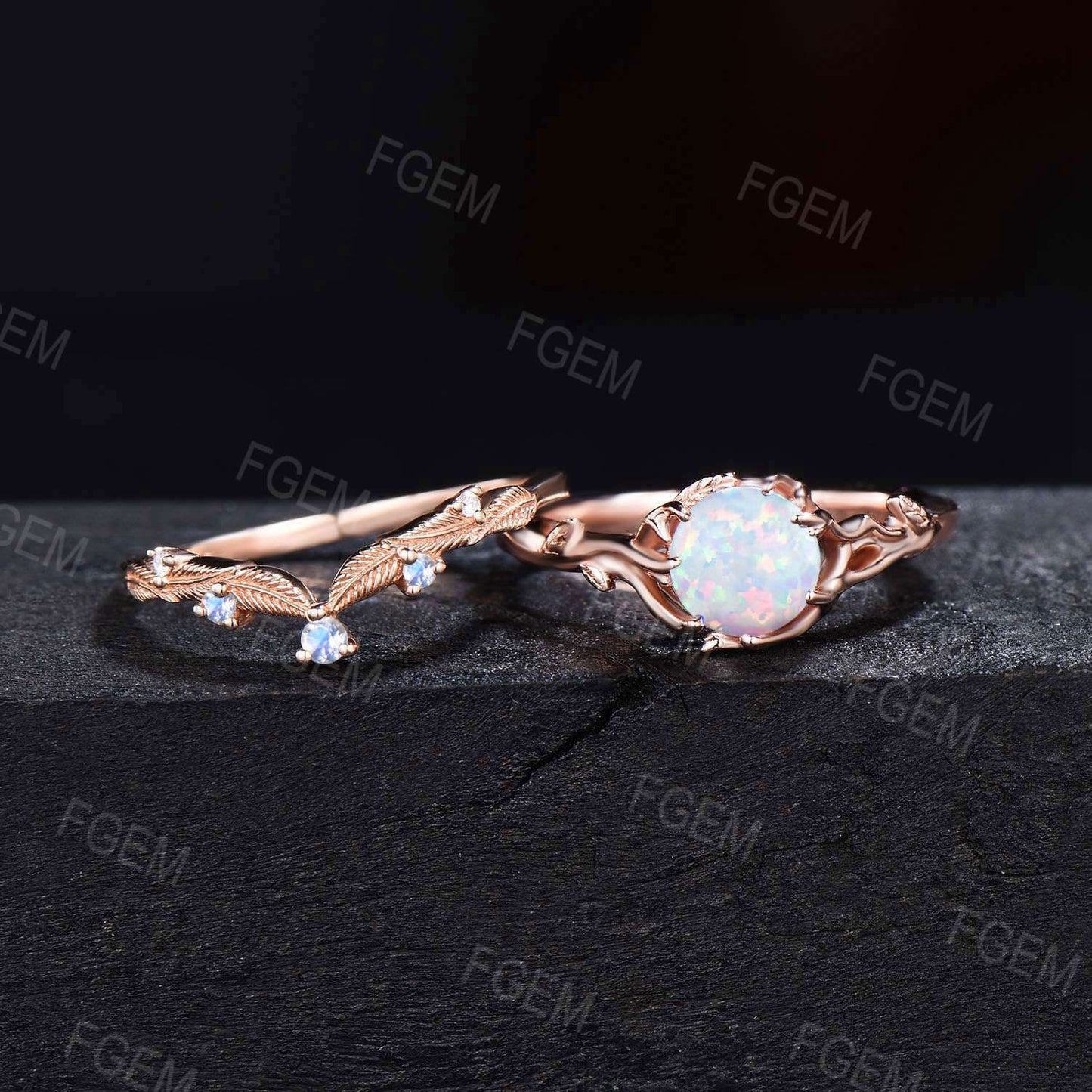 14k Rose Gold Branch Ring 1ct Round White Opal Engagement Ring Leaf Textured Moonstone Wedding Ring October Birthstone Proposal Gift fot Her