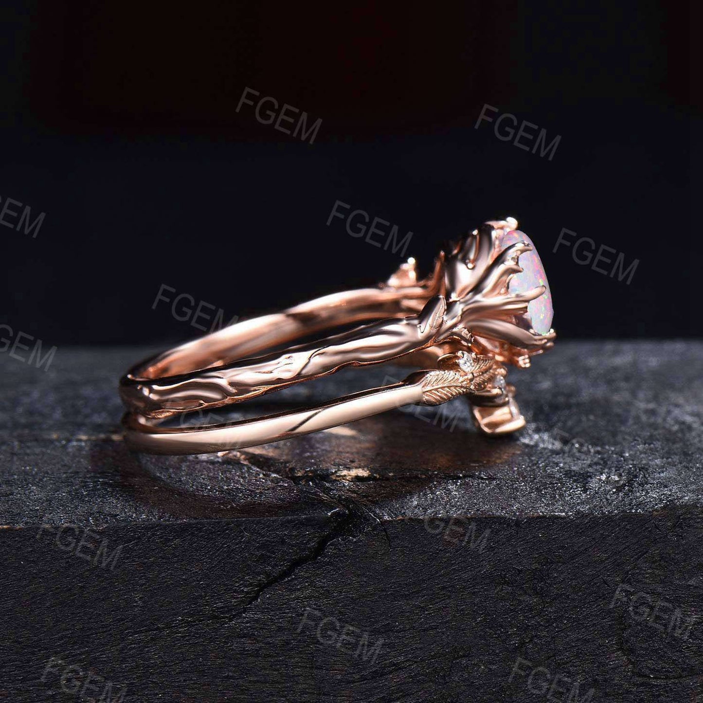 14k Rose Gold Branch Ring 1ct Round White Opal Engagement Ring Leaf Textured Moonstone Wedding Ring October Birthstone Proposal Gift fot Her