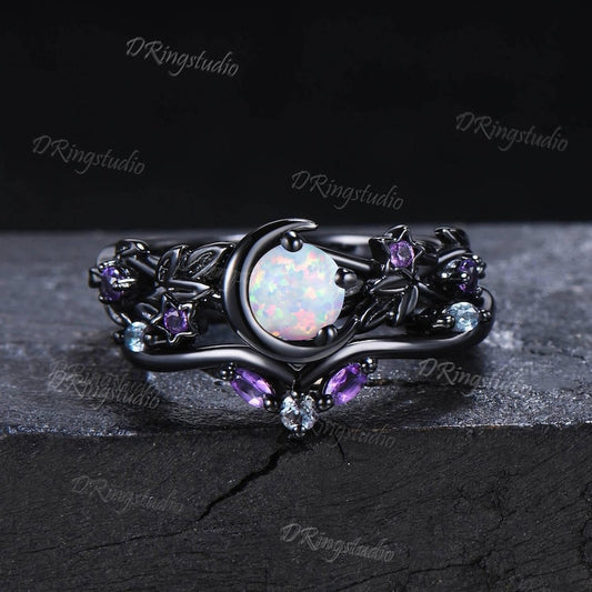 Moon Star White Opal Engagement Ring Gothic Black Gold Round Fire Opal Wedding Ring Set Branch Leaf Vine Bridal Ring Set Anniversary Gift