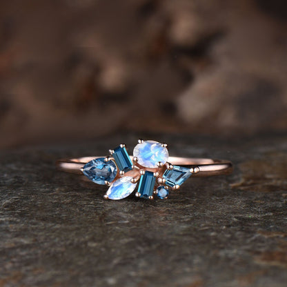 Delicate Natural London Blue Topaz Wedding Band Dainty Natural Moonstone Cluster Ring Minimalist 14k Rose Gold Engagement Gift For Women