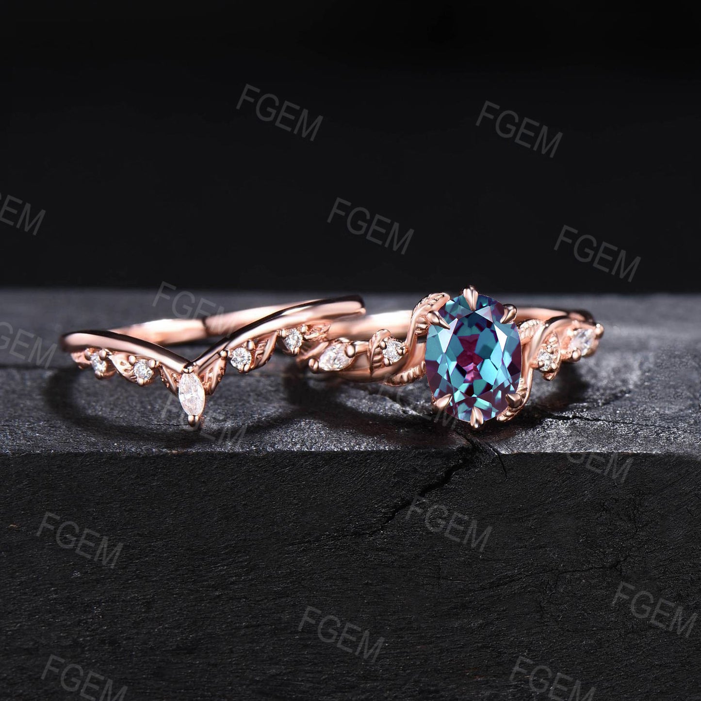 1.5ct Nature Inspired Branch Alexandrite Engagement Ring 14K Rose Gold Oval Wedding Ring Set Unique Twisted Vine Leaf Moissanite Bridal Sets