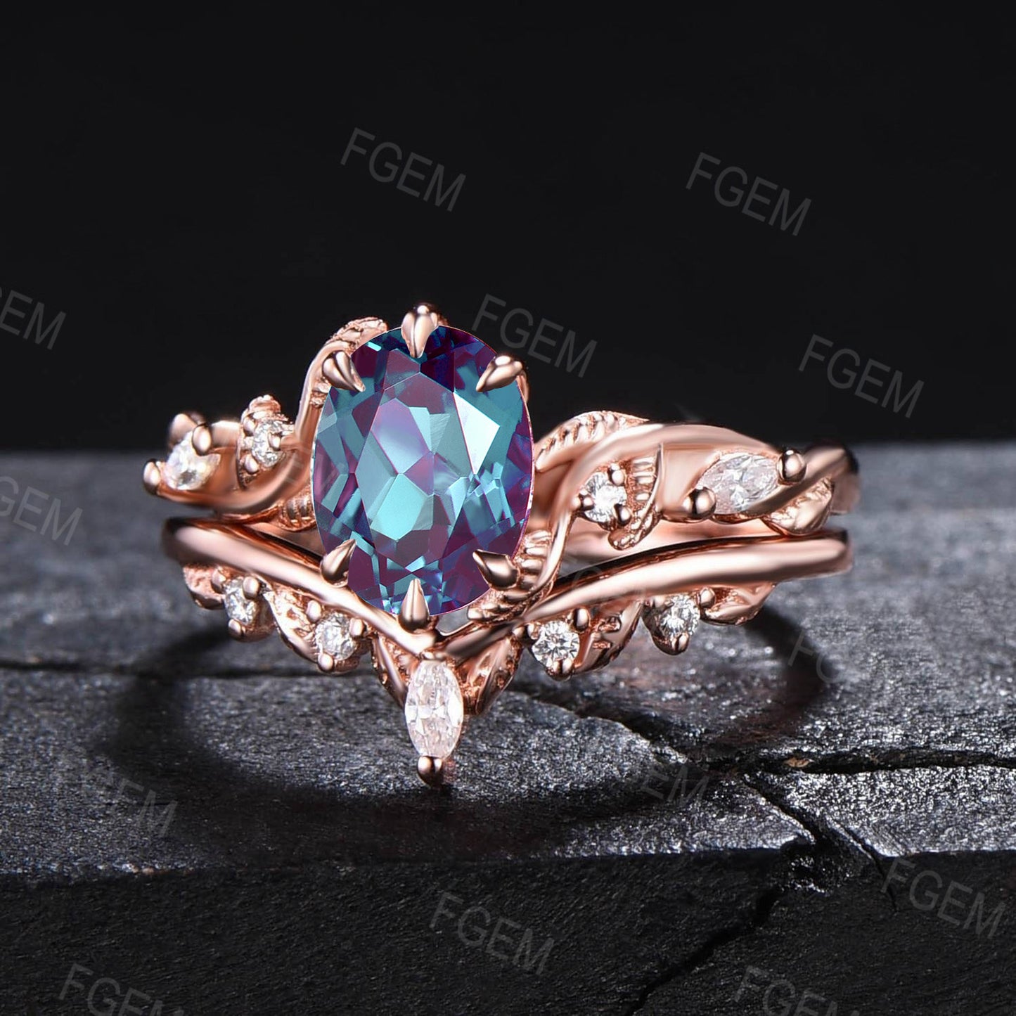 1.5ct Nature Inspired Branch Alexandrite Engagement Ring 14K Rose Gold Oval Wedding Ring Set Unique Twisted Vine Leaf Moissanite Bridal Sets