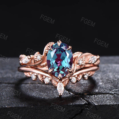 1.5ct Nature Inspired Branch Alexandrite Engagement Ring 14K Rose Gold Oval Wedding Ring Set Unique Twisted Vine Leaf Moissanite Bridal Sets