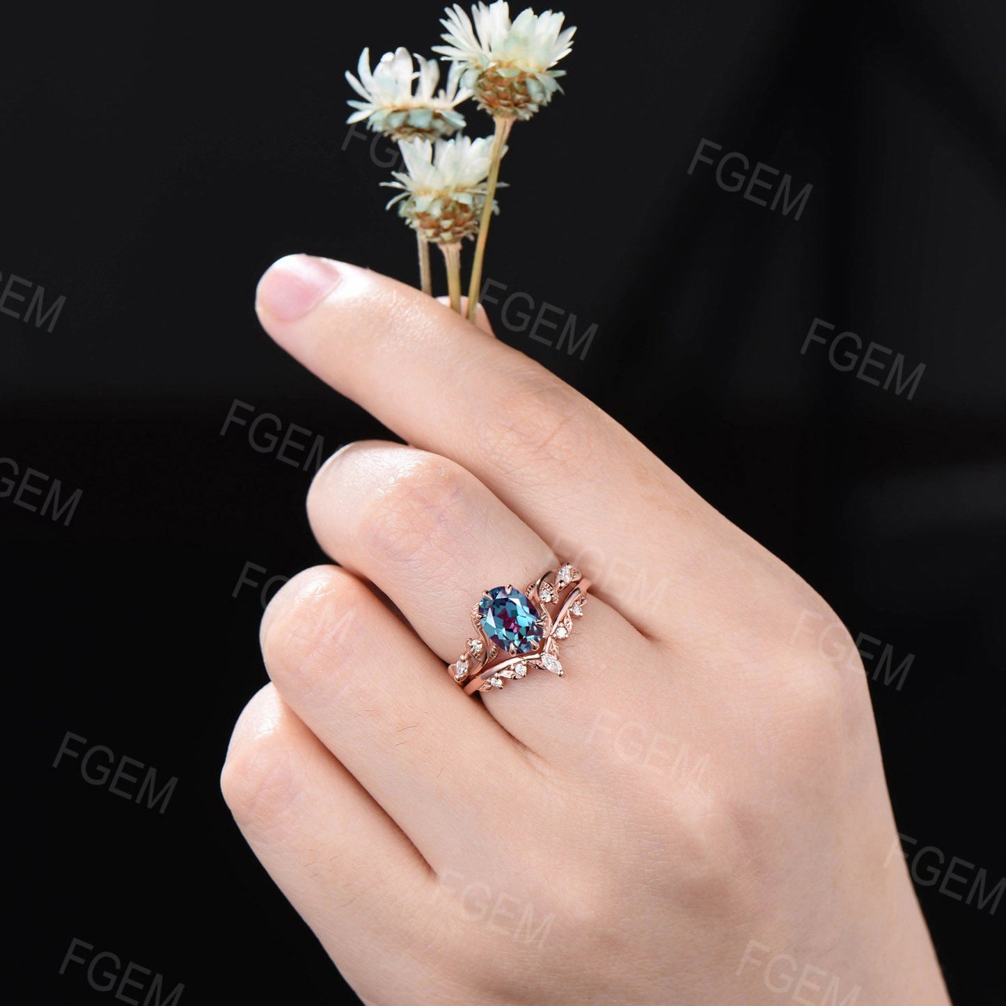 1.5ct Nature Inspired Branch Alexandrite Engagement Ring 14K Rose Gold Oval Wedding Ring Set Unique Twisted Vine Leaf Moissanite Bridal Sets