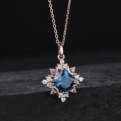 Celestial Moon Pendant Necklace Vintage Princess London Blue Topaz Necklace Square December Birthstone Pendant Rose Gold Minimalist Necklace