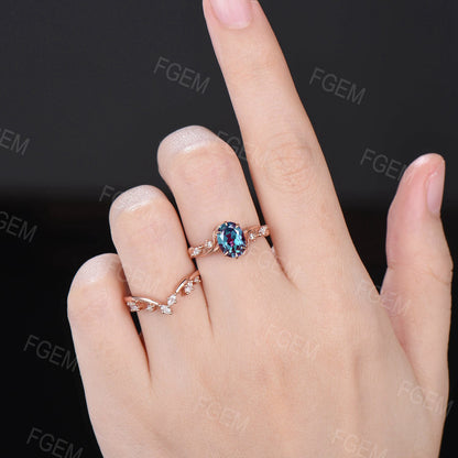 1.5ct Nature Inspired Twig Vine Oval Alexandrite Engagement Ring Cluster Moissanite Wedding Ring Set Leaf Branch June Birthstone Bridal Set