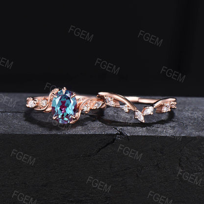 1.5ct Nature Inspired Twig Vine Oval Alexandrite Engagement Ring Cluster Moissanite Wedding Ring Set Leaf Branch June Birthstone Bridal Set