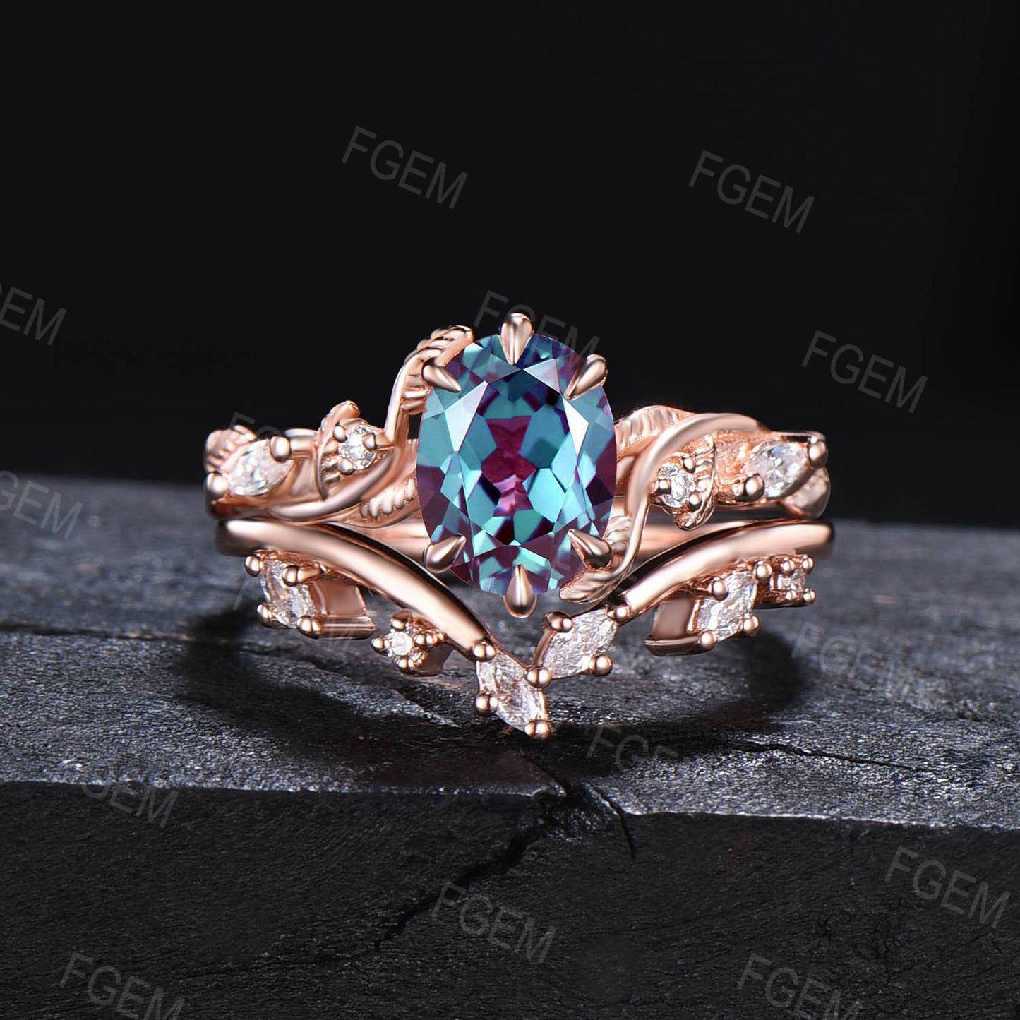 1.5ct Nature Inspired Twig Vine Oval Alexandrite Engagement Ring Cluster Moissanite Wedding Ring Set Leaf Branch June Birthstone Bridal Set