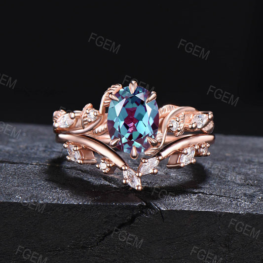 1.5ct Nature Inspired Twig Vine Oval Alexandrite Engagement Ring Cluster Moissanite Wedding Ring Set Leaf Branch June Birthstone Bridal Set