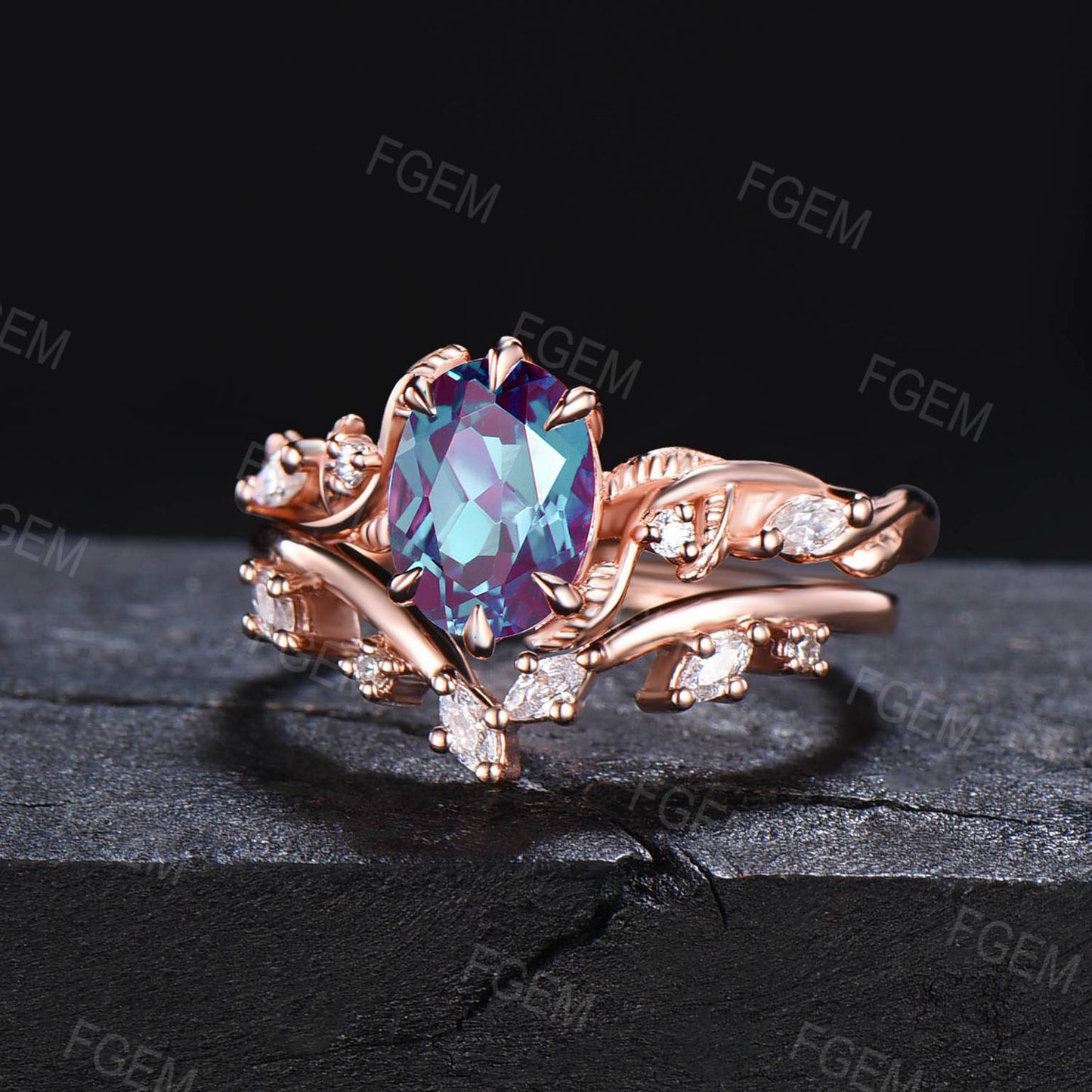 1.5ct Nature Inspired Twig Vine Oval Alexandrite Engagement Ring Cluster Moissanite Wedding Ring Set Leaf Branch June Birthstone Bridal Set