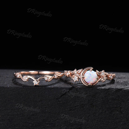 Nature Inspired Round White Opal Bridal Ring Set Moissanite Cluster Moon Star Rose Gold Engagement Ring Leaf Vine Crescent Moon Ring for Her