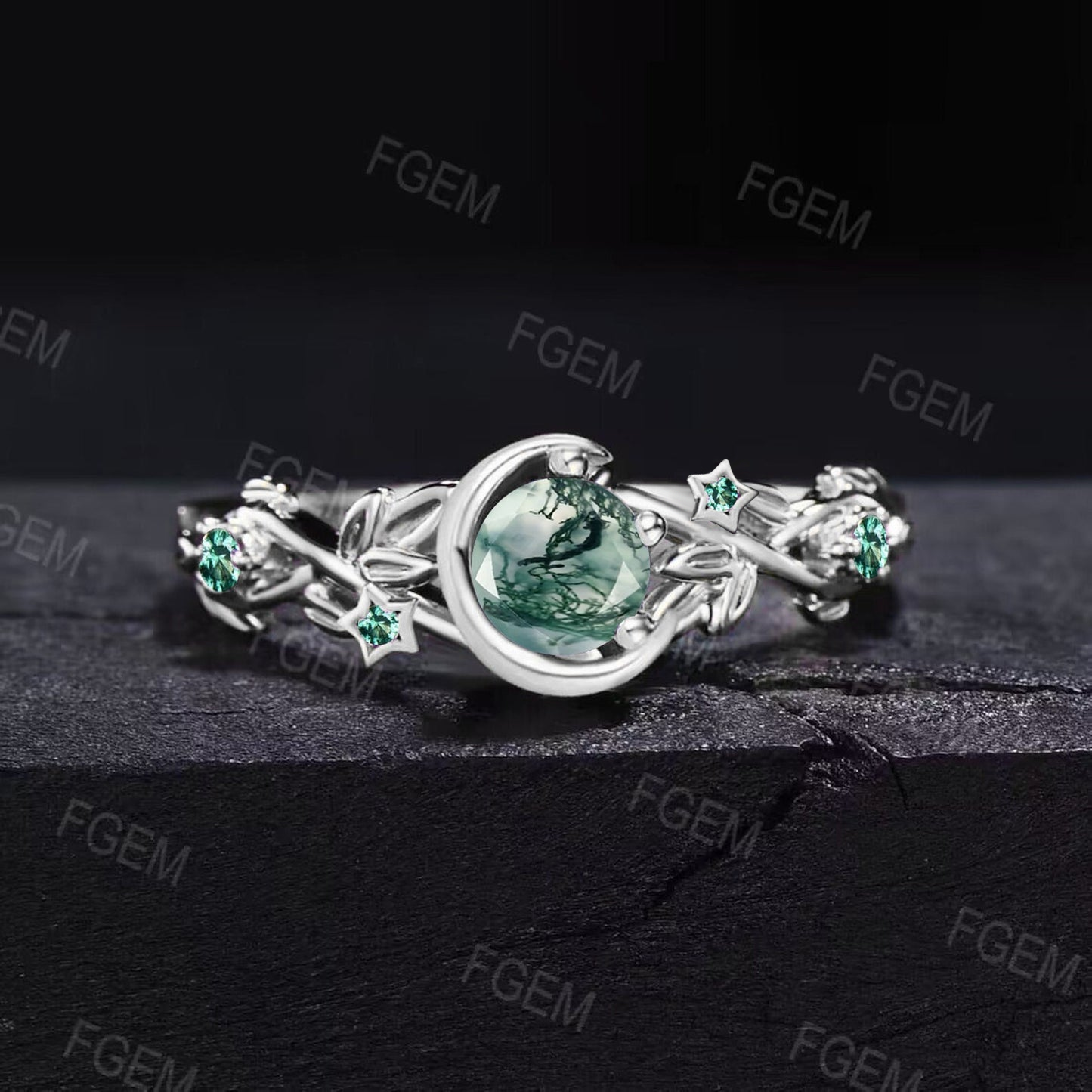 Moon Star Design 5mm Round Natural Moss Agate Engagement Ring 14k/18k Black Gold Emerald Ring Branch Leaf Green Moss Wedding Ring Women Gift