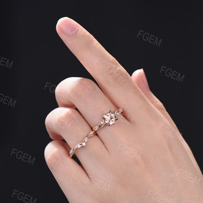 Cushion Cut Natural Peach Morganite Engagement Ring Leaf Twisted Vine Ring Set Nature Tree Inspired Morganite Ring Set Unique Solitaire Promise Rings for Women