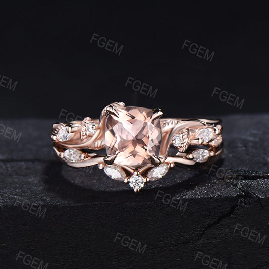 Cushion Cut Natural Peach Morganite Engagement Ring Leaf Twisted Vine Ring Set Nature Tree Inspired Morganite Ring Set Unique Solitaire Promise Rings for Women