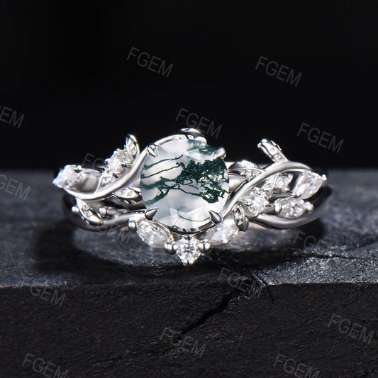 Unique Round Natural Moss Agate Engagement Ring Set Nature Inspired Moissanite Cluster Ring Twig Leaf Aquatic Agate Bridal Set Proposal Gift