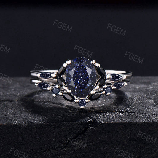 Unique Galaxy Oval Blue Sandstone Ring Set Vintage Marquise Black Spinel Cluster Bridal Set Blue Goldstone Wedding Ring Jewelry Gift For Her