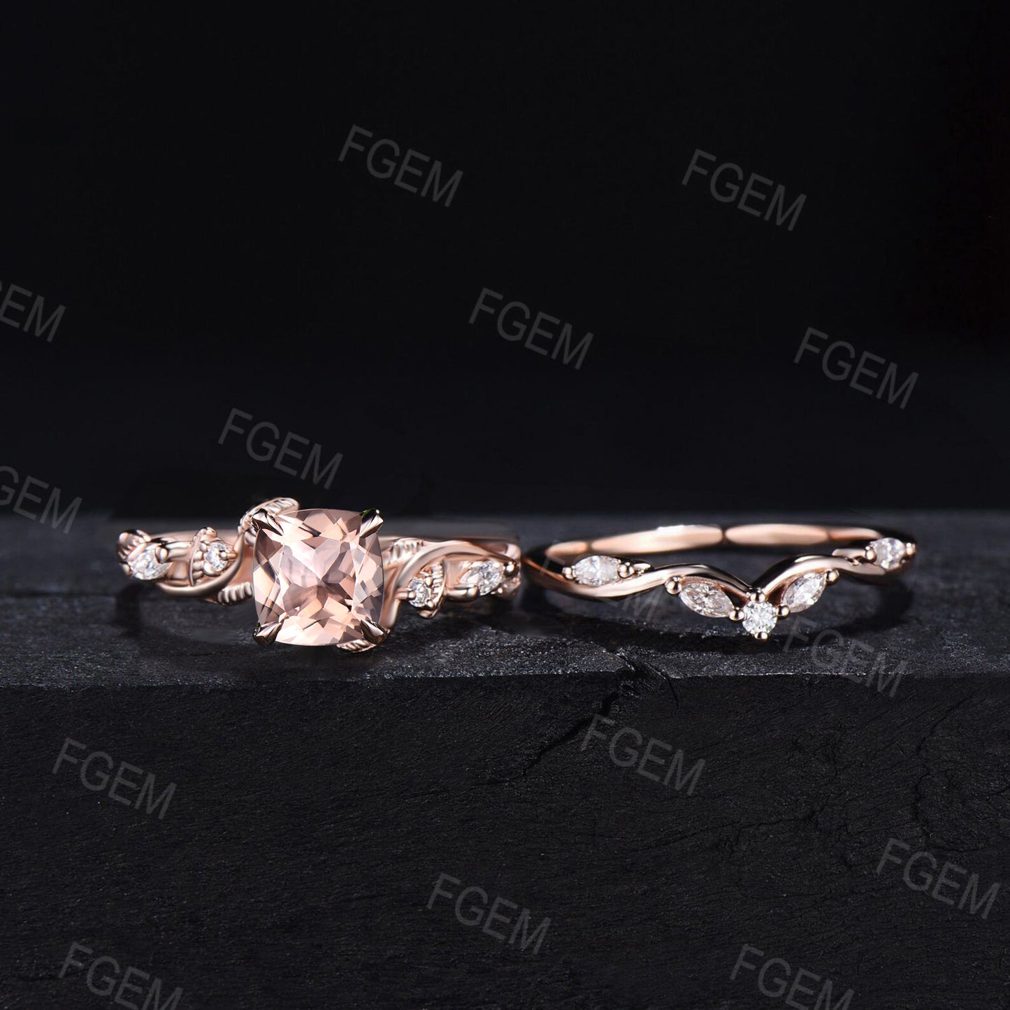 Cushion Cut Natural Peach Morganite Engagement Ring Leaf Twisted Vine Ring Set Nature Tree Inspired Morganite Ring Set Unique Solitaire Promise Rings for Women