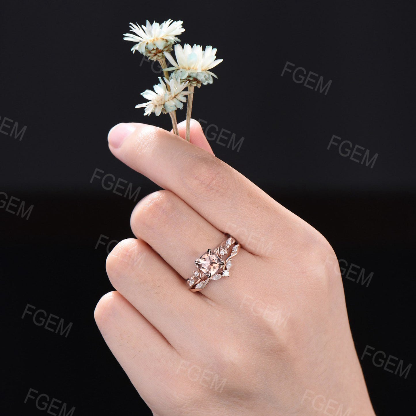 Cushion Cut Natural Peach Morganite Engagement Ring Leaf Twisted Vine Ring Set Nature Tree Inspired Morganite Ring Set Unique Solitaire Promise Rings for Women