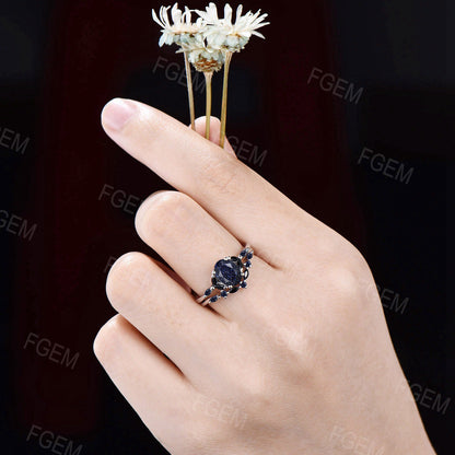 Unique Galaxy Oval Blue Sandstone Ring Set Vintage Marquise Black Spinel Cluster Bridal Set Blue Goldstone Wedding Ring Jewelry Gift For Her