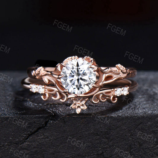1ct Round Moissanite Engagement Ring Set Twig Leaf Bridal Set Floral Moissanite Diamond Wedding Ring Solitaire Ring Anniversary Women Gifts