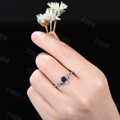Vintage Pattern 5mm Galaxy Blue Sandstone Round Wedding Ring 10K White Gold Nature Inspired Leaf Blue Goldstone Moonstone Engagement Rings