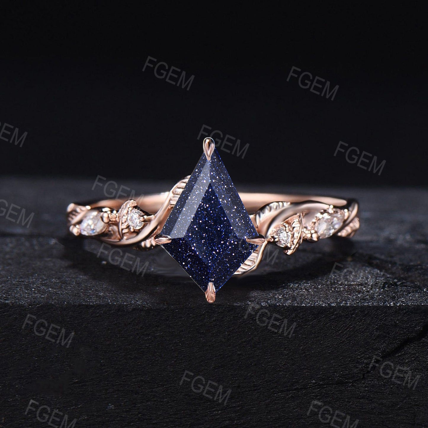 Nature Inspired Kite Blue Sandstone Ring Set Galaxy Starry Sky Moissanite Bridal Set Entangled Vines Blue Goldstone Wedding Set Promise Gift