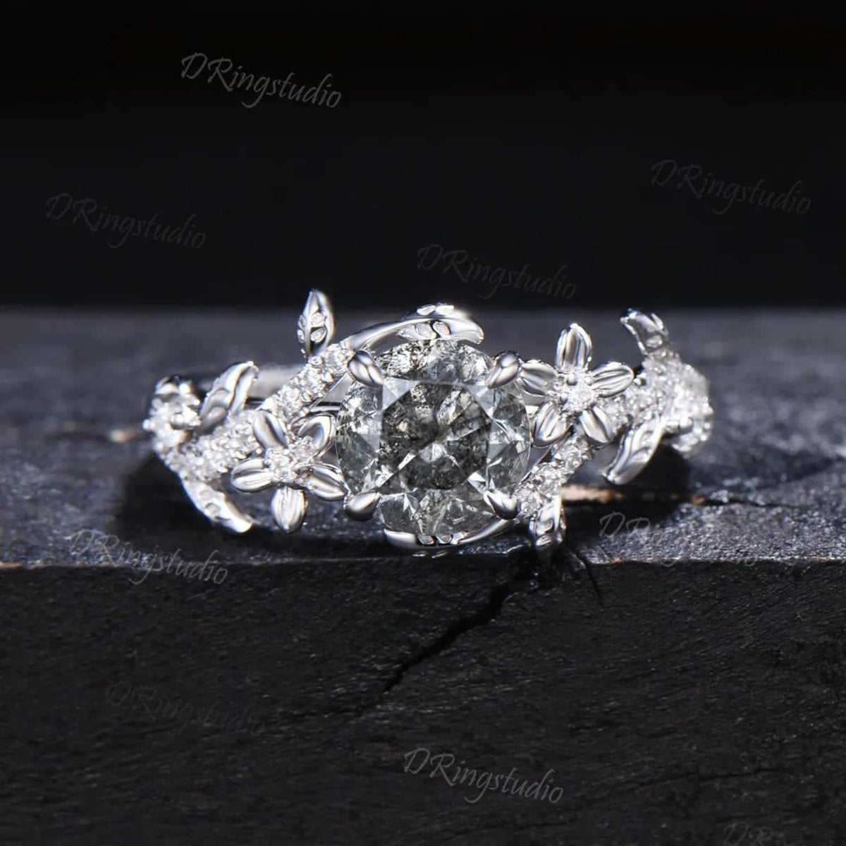 1ct Round Cut Natural Salt And Pepper Diamond Engagement Ring Set 14K Rose Gold Vine Floral Moissanite Stacking Ring For Alternative Women