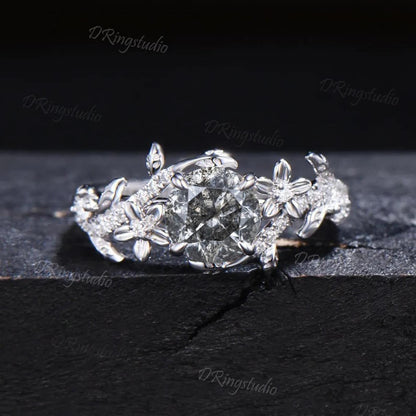 1ct Round Cut Natural Salt And Pepper Diamond Engagement Ring Set 14K Rose Gold Vine Floral Moissanite Stacking Ring For Alternative Women
