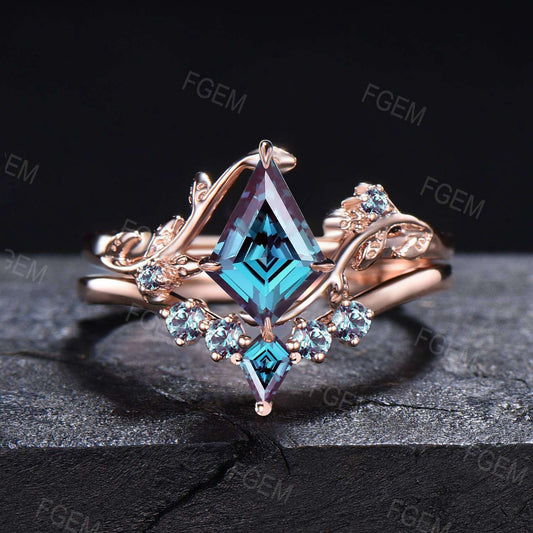 1ct Kite Alexandrite Bridal Set Vintage Nature Inspired Color-Change Alexandrite Engagement Ring Vine Branch June Birthstone Wedding Ring