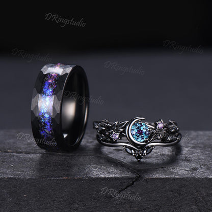 2pcs Round Color-Change Alexandrite Couple Ring Set Goth Galaxy Nebula His and Hers Wedding Ring Set Black Gold Twig Leaf Ring Tungsten Band