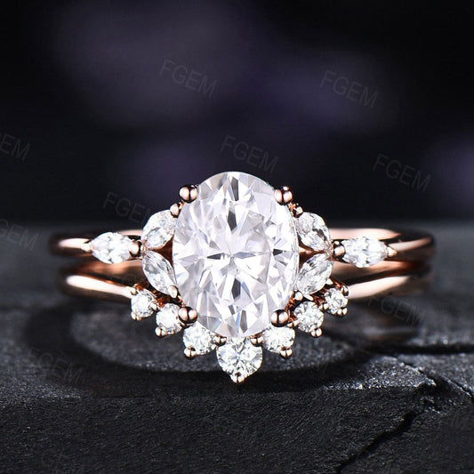 Oval Diamond Ring Set Solid Gold Moissanite Engagement Ring Vintage 1.5ct Bridal Wedding Ring Set Curved Stacking Band Gift for Women